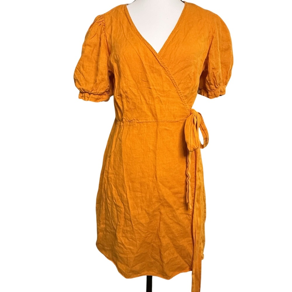 Zara Orange Linen‎ Wrap Puff Sleeve SunDress Size Medium